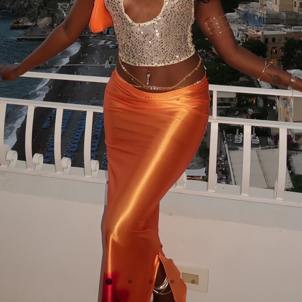 PrettyLittleThing Rust Stretch Satin Split Side Maxi Skirt